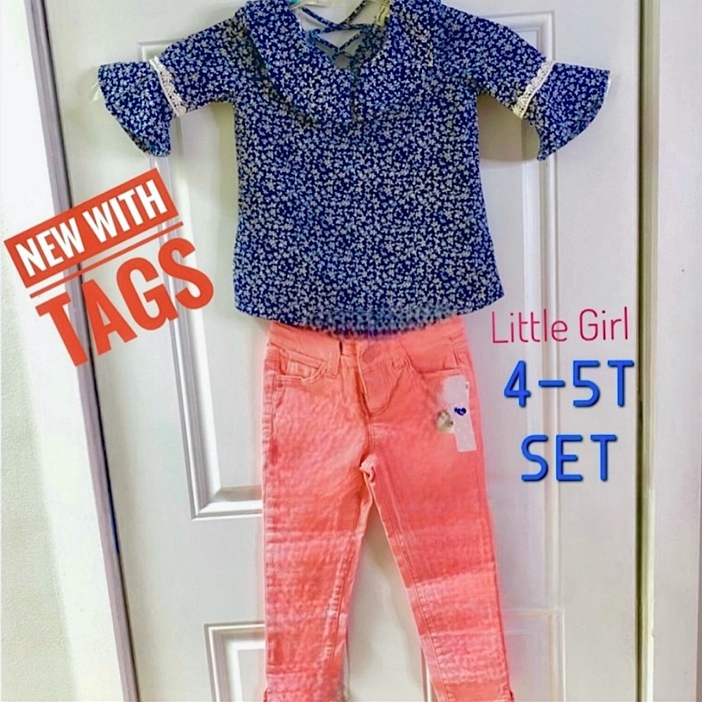 NWT Little Girl’s Jean’s & Top Set, 5 Top, 4T Pants, Celebrity Pink